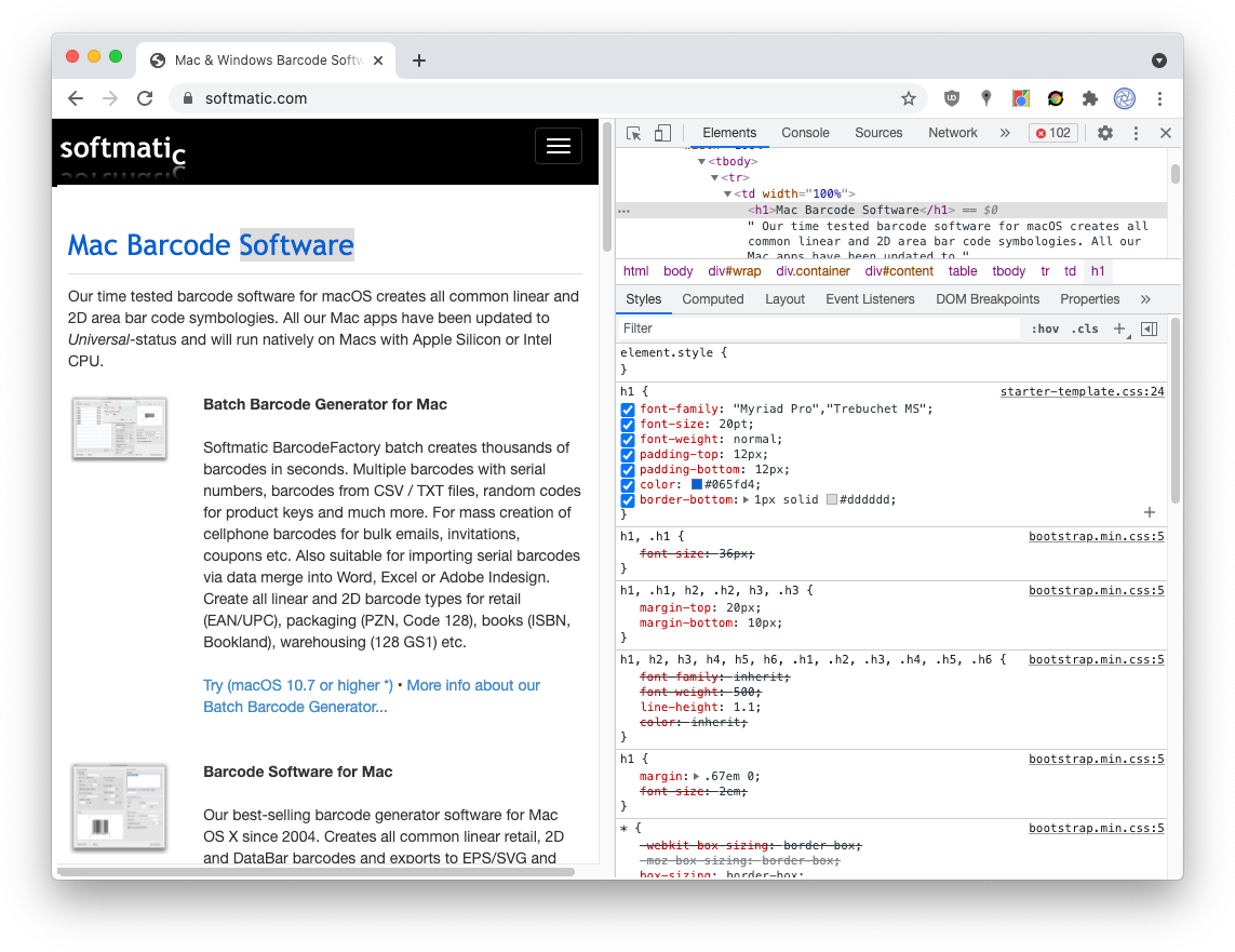 Screenshot: Chrome CSS Inspect - H1 Headline Color Changed